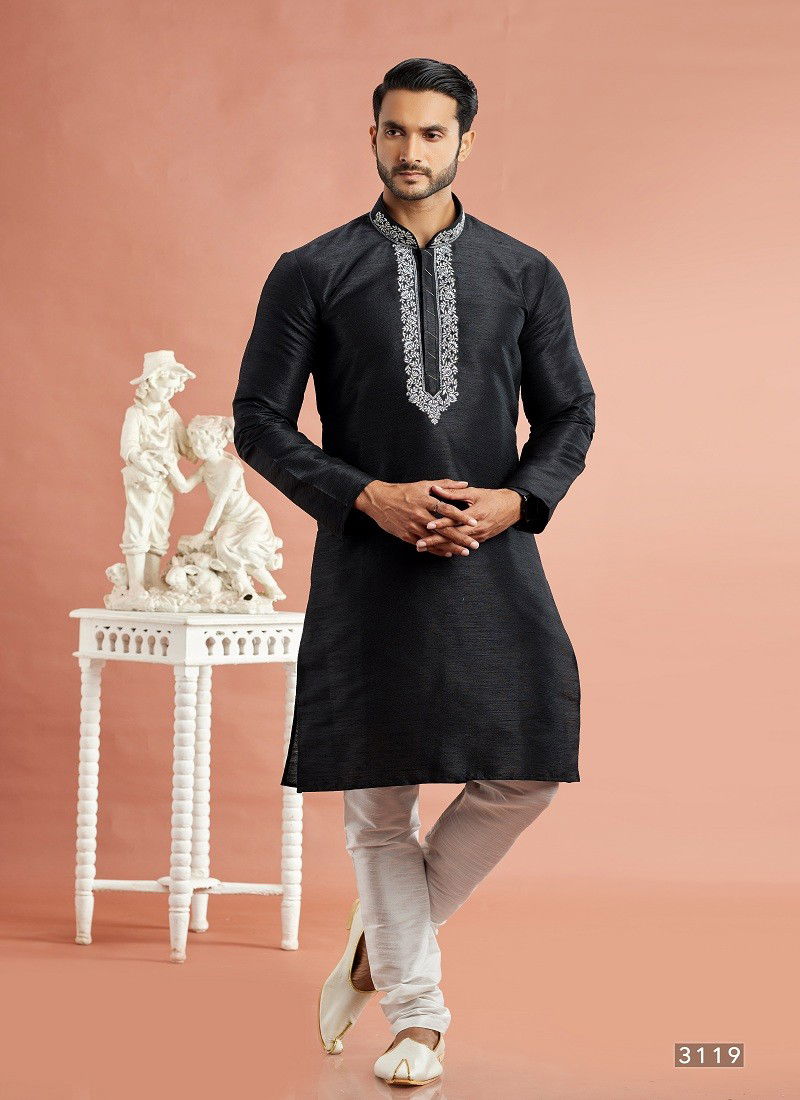 Black Colour Vol 95 Wedding Wear Banarasi Art Silk Mens Kurta Pajama Surat Wholesale Market 3119