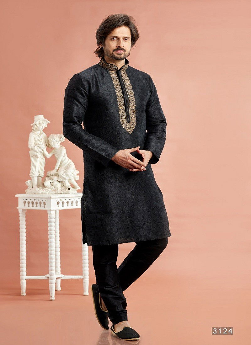 Black Colour Vol 95 Wedding Wear Banarasi Art Silk Mens Kurta Pajama Surat Wholesale Market 3124