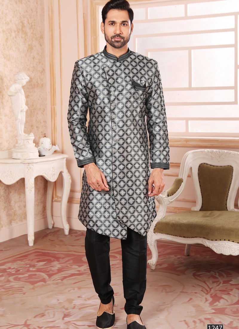 Black Colour Wedding Wear Mens Wholesale Indo Western Catalog 1247