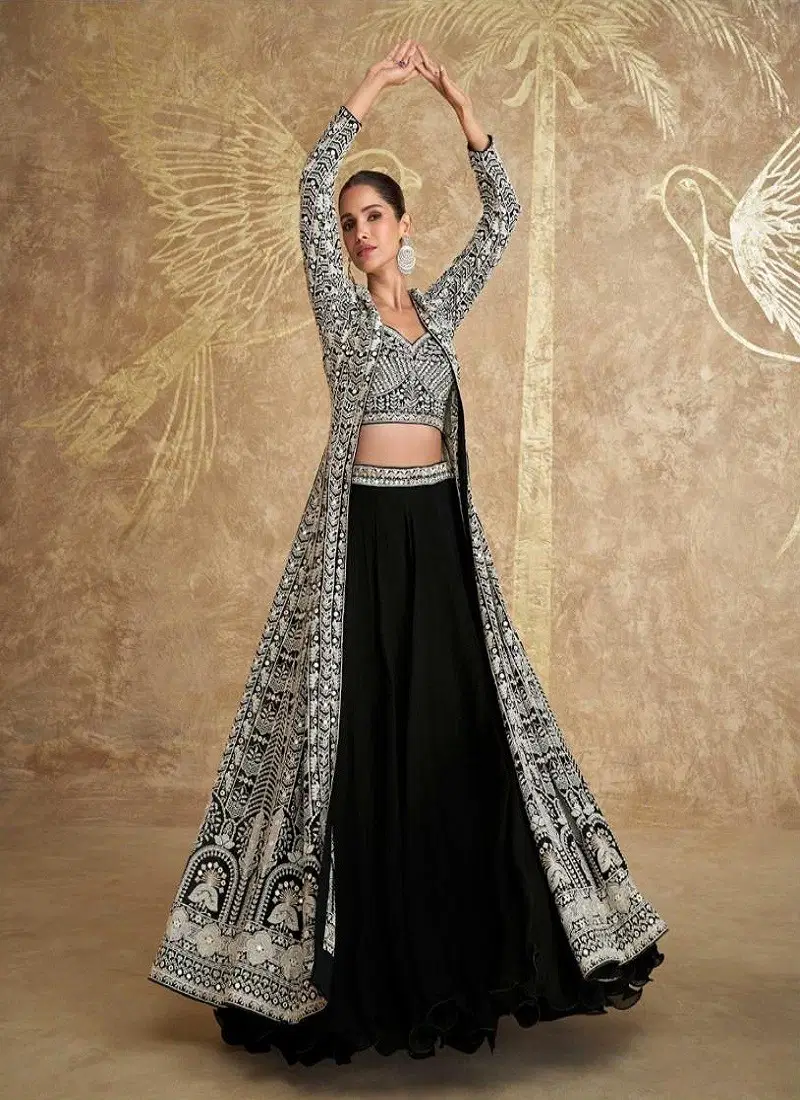 Black Colour Zoya By Sayuri Designer Georgette Indo Western Lehenga Wholesale Online 5626