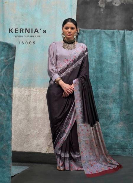 Black Grey Colour kernias By Rajbeer Crepe Silk Printed Saree Suppliers In India 16009