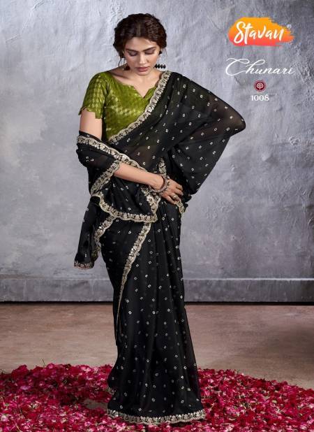 Black Multi Colour Chunari By Stavan Designer Chiffon Embroidery Sarees Wholesale Price In Surat 1008