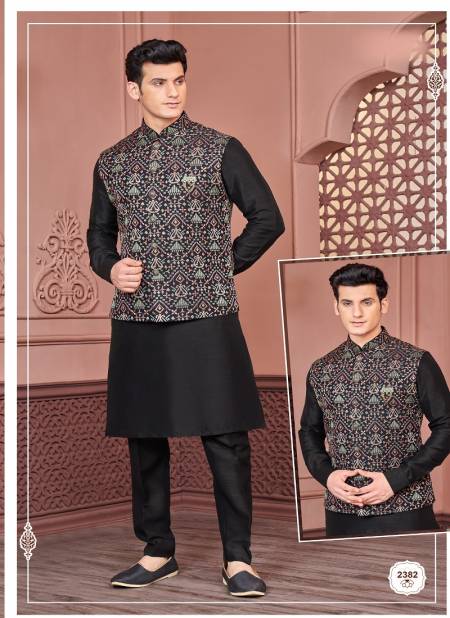 Black Multi Colour Function Wear Art Banarasi Silk Mens Modi Jacket Kurta Pajama Wholesale Market In Surat 2382