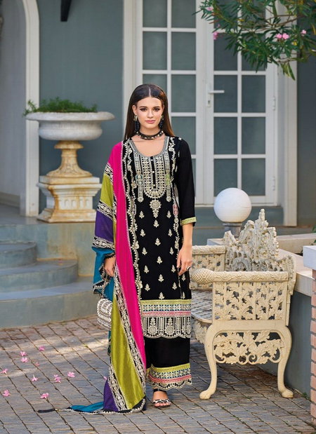 Black Multi Colour Merub By Eba Chinon Embroidery Readymade Plazzo Suits Wholesale Online 1704