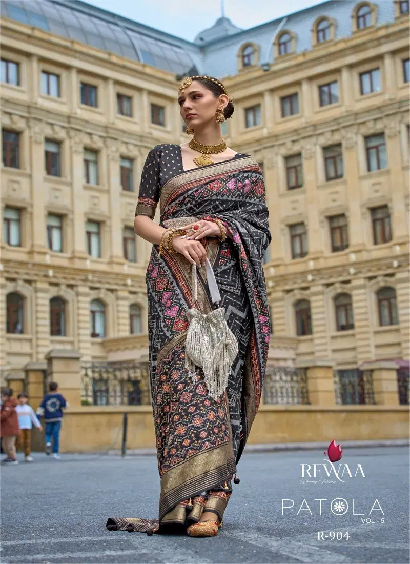 Black Multi Colour Patola Vol 5 By Rewaa Printed Silk Wedding Saree Exporters in India R-904