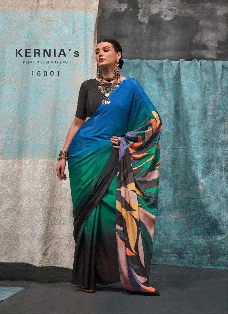 Black Multi Colour kernias By Rajbeer Crepe Silk Printed Saree Suppliers In India 16001