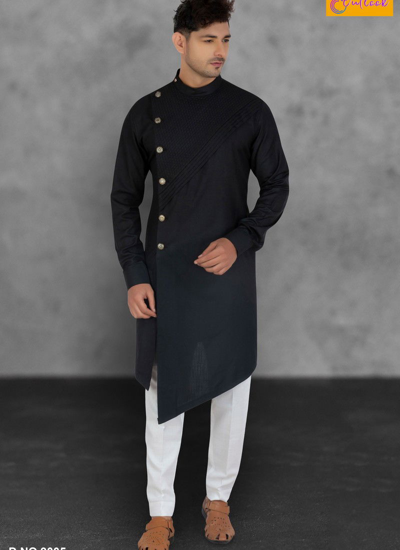 Black Outluk Vol 9 Eid Special Regular Wear Designer Plain Side Cut Kurta Pajama 9005