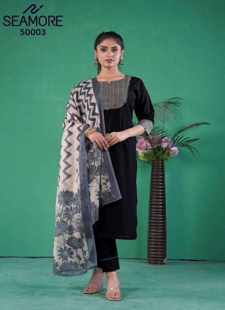 Black Samyugi By Seamore Art Silk Kurti With Bottom Dupatta Supplier In India