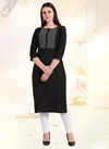 Black Designer Simple Straight Cut schiffli work Heavy Rayon Reguar wear Designer Kurtis 1098