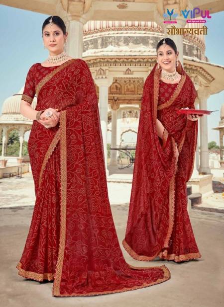 Blood Colour Saubhagyavati by Vipul Chiffon Wear Sarees Wholesale Clothing Suppliers In India 79212