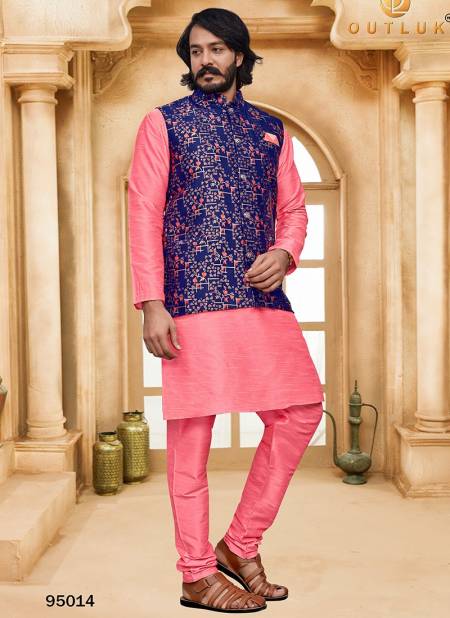 Handwork Pink Open Jacket Kurta Set for Men