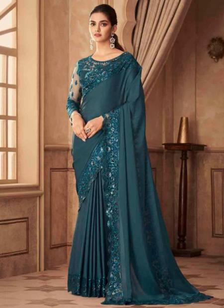 Shimmer Georgette Embroidered Saree in Teal Blue – Common Kiwi