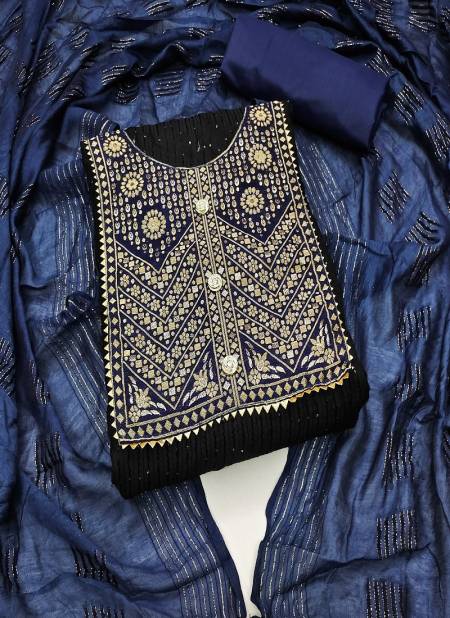 Blue And Black Colour Cross Head Banarasi Gala Cotton Dress Material Catalog 4