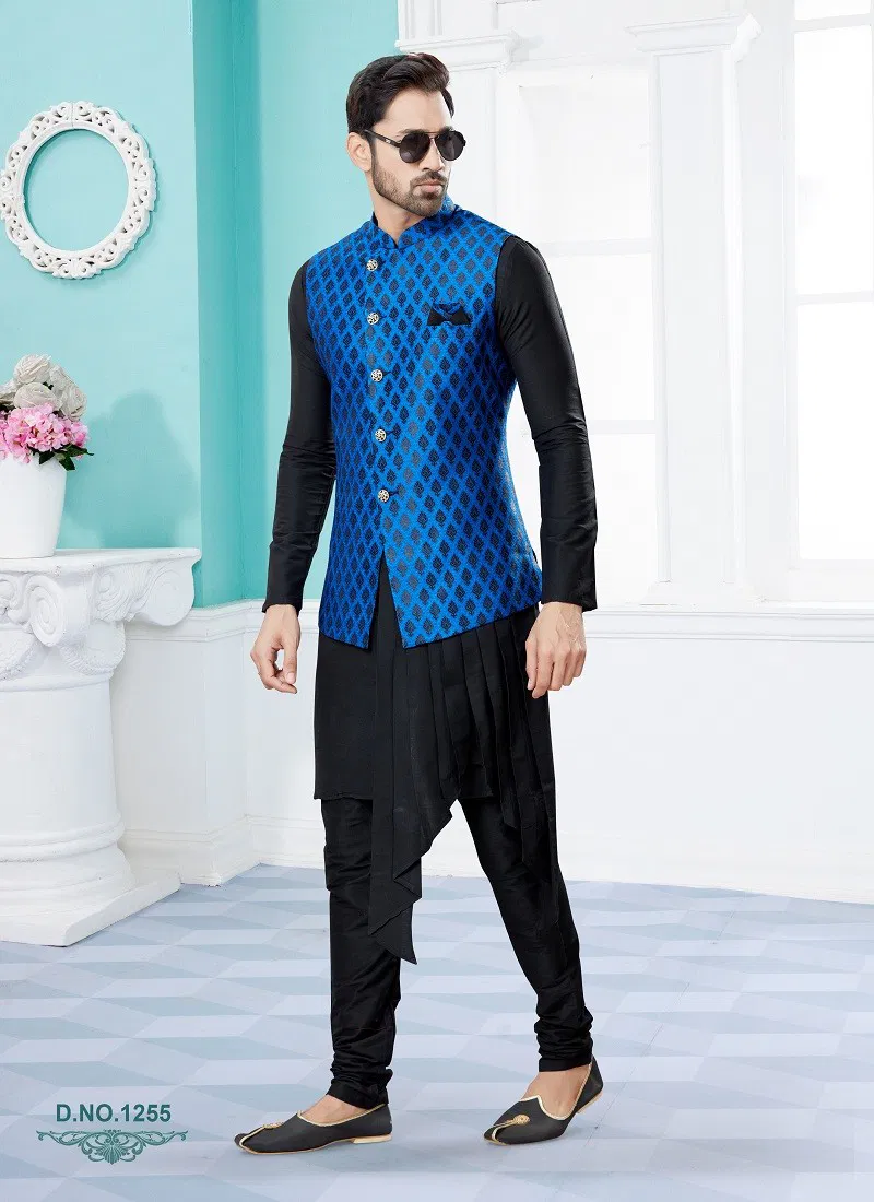 Blue And Black Vol 15 Party Wear Mens Modi Jacket Kurta Pajama Online Wholesale 1255