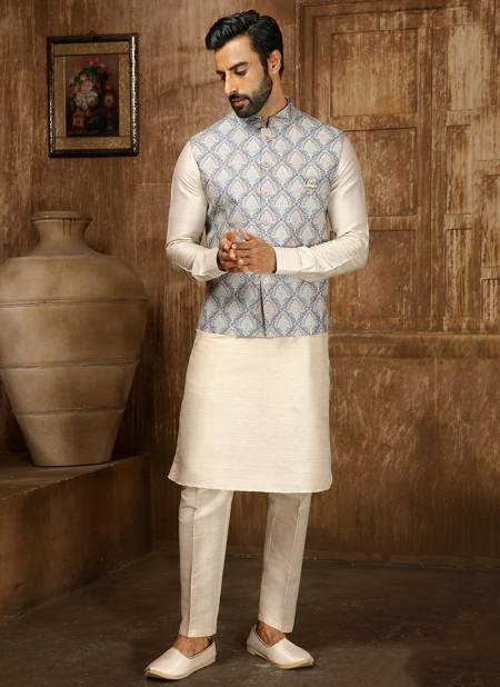 Blue And Cream Colour Ethnic Wear Wholesale Kurta Pajama With Jacket Collection 1324