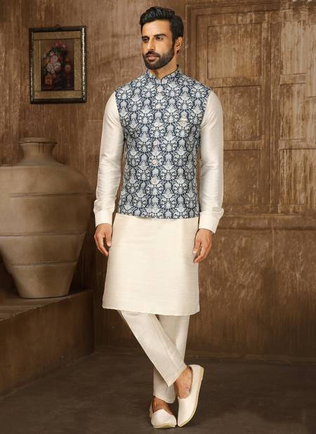 Blue And Cream Colour Ethnic Wear Wholesale Kurta Pajama With Jacket Collection 1328
