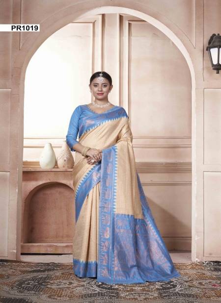 Blue And Cream Colour Preeti By 3 Of Kubera Pattu Kanjivaram Silk Sarees Surat Wholesale Market PR1019