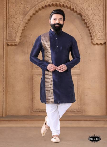 Blue And Gold Colour 1632 Wedding Mens Wear Stright Kurta Pajama Wholesale Shop In Surat 1632-KS 2436