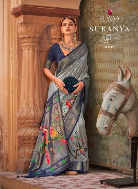 Blue And Gray Colour Sukanya By Rewaa Printed Saree Catalog 849