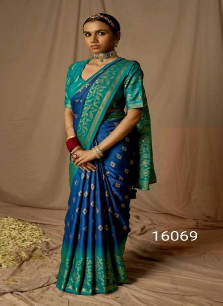 Blue And Green Colour Meera Soft Silk By Kimora Soft Brasso Silk Designer Saree Catalog P 16069