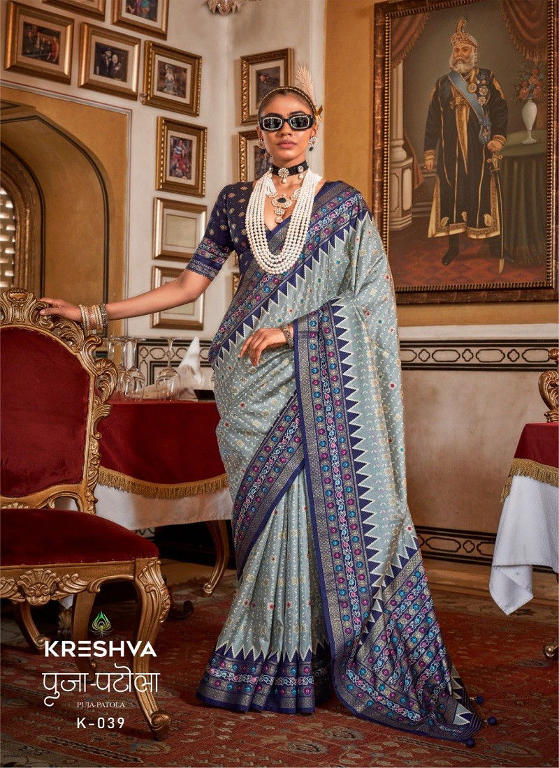 Blue And Grey Colour Puja Patola By Kreshva Sigma Silk Saree Wholesalers In Delhi K-039