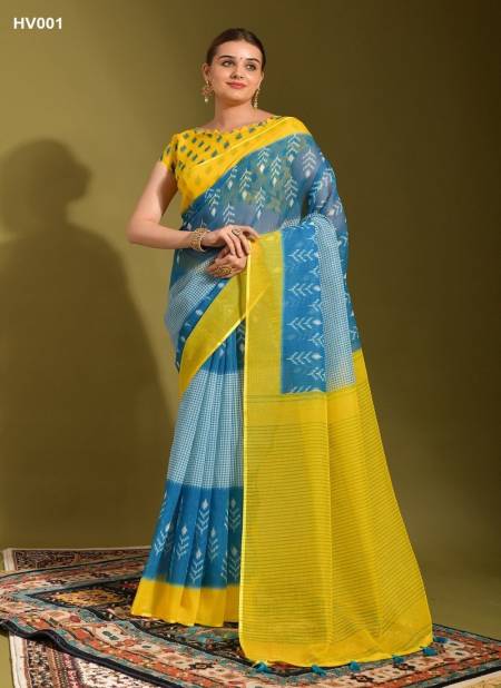 Blue And Lemon Colour Linen Jumka Vol 2 By Fashion Berry Printed Sarees Exporters In India HV001