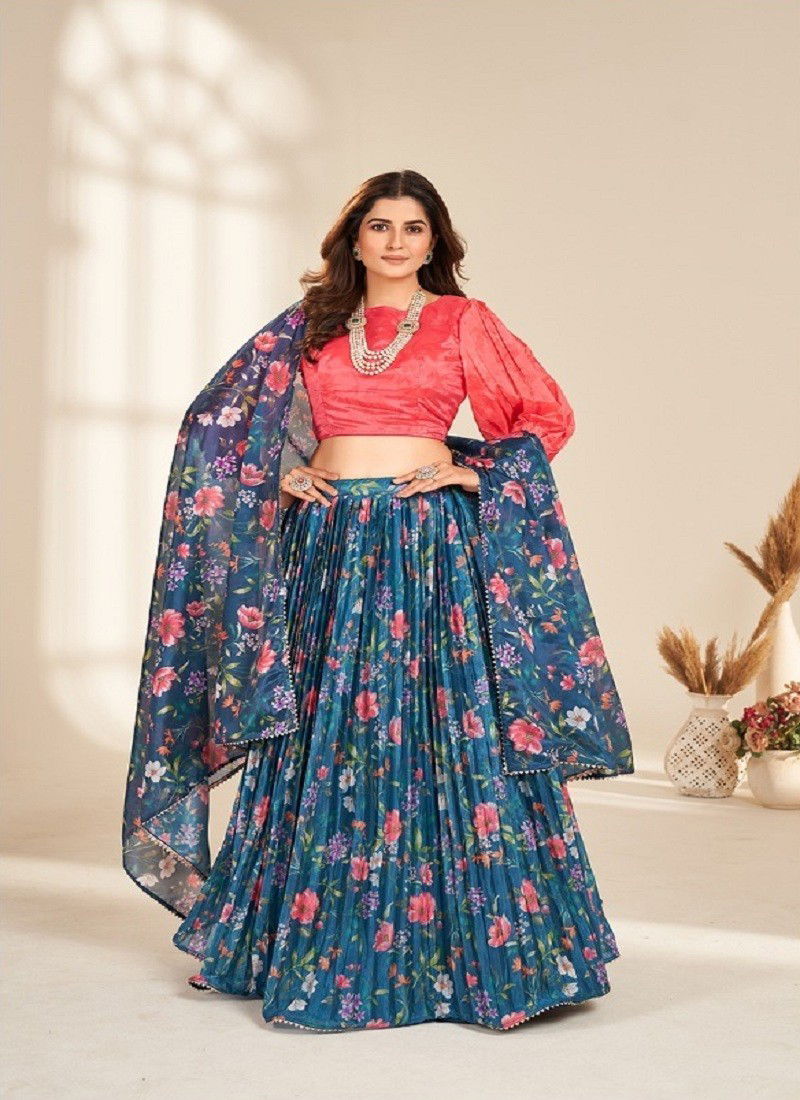 Blue And Peach Colour Valisha By Kamakshi Printed Organza Lehenga Choli Wholesale Shop In Surat 2004