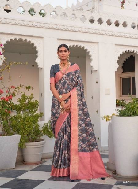 Blue And Pink Colour Saanj By Pankh Khadi Silk Digital Print Saree Exporters In India 6409