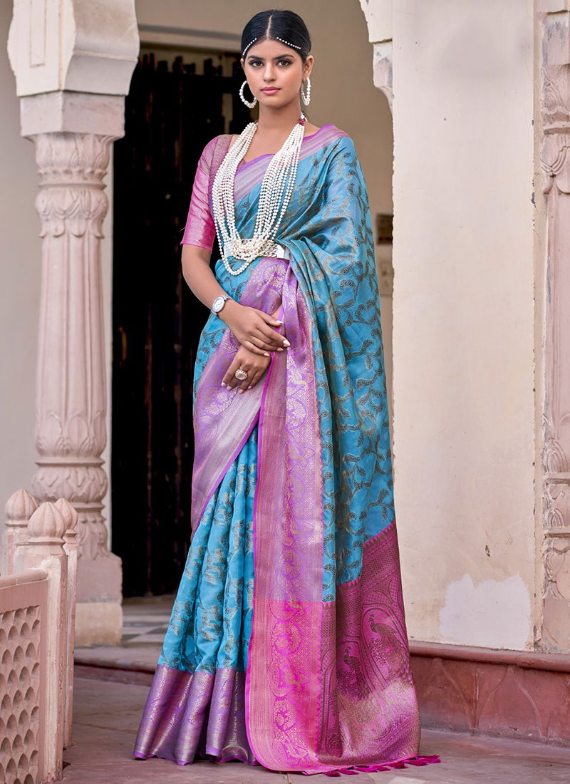 Blue And Pink Colour Sanoja The Fabrica Wedding Wear Wholesale Silk Sarees Catalog 10011