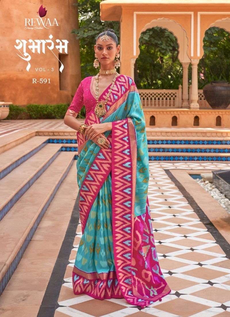 Blue And Pink Colour Shubharambh Vol 3 By Rewaa Printed Saree Catalog 591