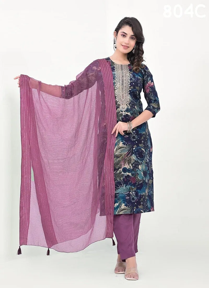 Blue And Purple Colour Label Khoj 804 A To 804 D Modal Bulk Kurti With Bottom Dupatta Orders In India 804C