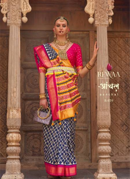 Blue And Rani Colour Aanchal By Rewaa Silk Sarees Catalog 859