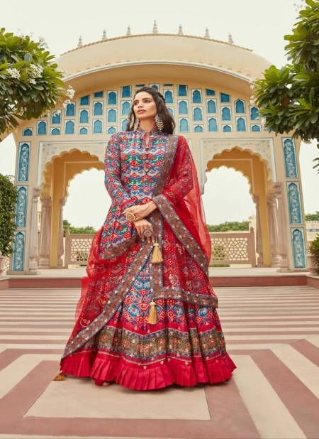 Blue And Red Colour Gajgamini By Virasat Pure Dolla Jacquard Gown With Dupatta Catalog 12002