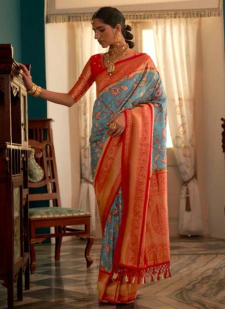 Blue And Red Colour Kalamkatha Designer Wholesale Silk Sarees Catalog 2049