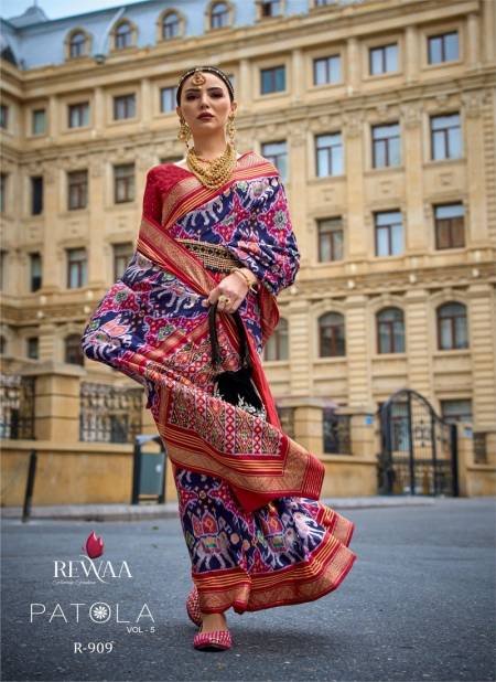 Blue And Red Colour Patola Vol 5 By Rewaa Printed Silk Wedding Saree Exporters in India R-909