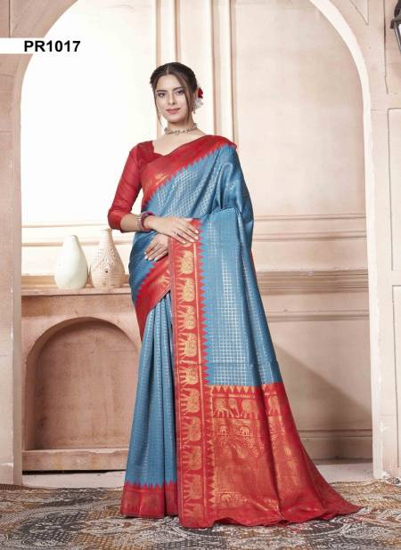 Blue And Red Colour Preeti By 3 Of Kubera Pattu Kanjivaram Silk Sarees Surat Wholesale Market PR1017