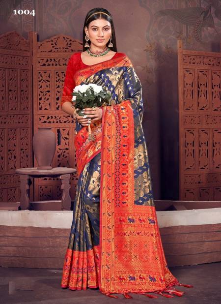 Blue And Red Colour Rajshree By Sangam Silk Saree Catalog 1004