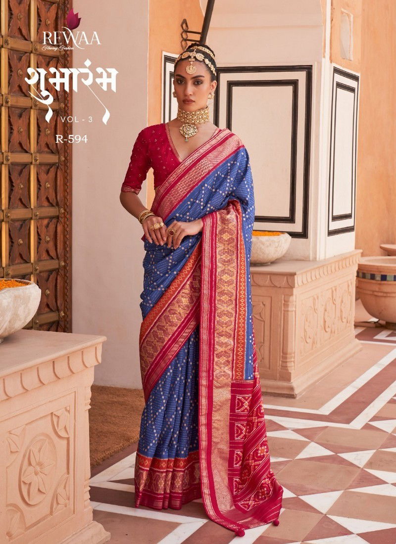 Blue And Red Colour Shubharambh Vol 3 By Rewaa Printed Saree Catalog 594