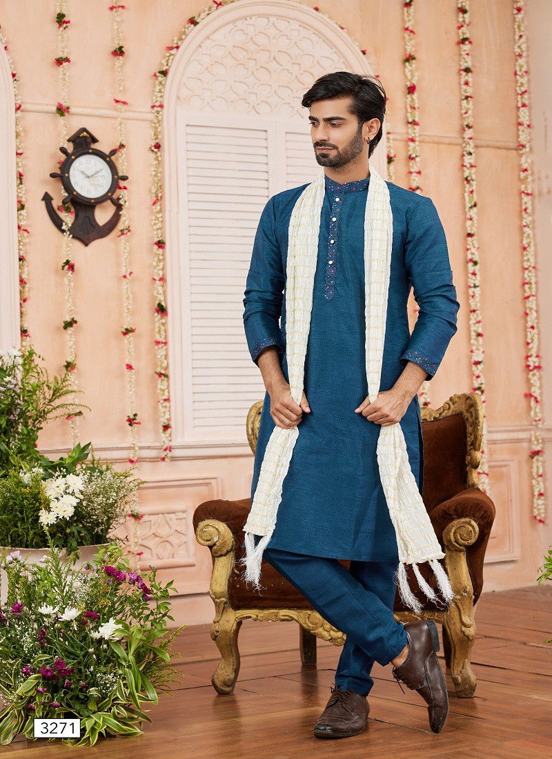 Blue And White Colour 1644 Function Wear Art Banarasi Silk Mens Kurta Pajama With Dupatta Orders In India 3271