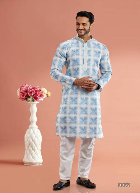 Blue And White Colour Function Mens Wear Printed Cotton Stright Kurta Pajama Suppliers In India 3032