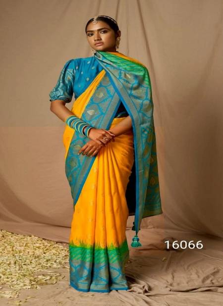 Blue And Yellow Colour Meera Soft Silk By Kimora Soft Brasso Silk Designer Saree Catalog P 16066