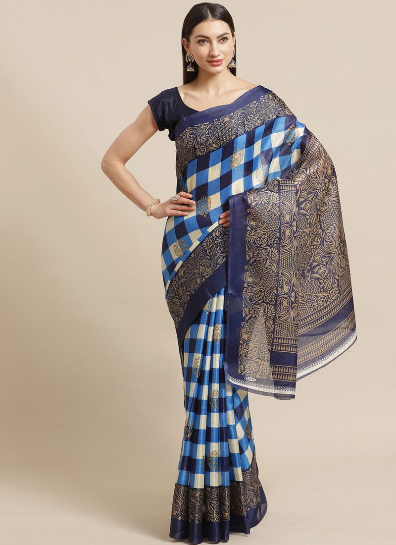 Blue Checks Daily Wear Pinted Bhagalpuri Saree 84