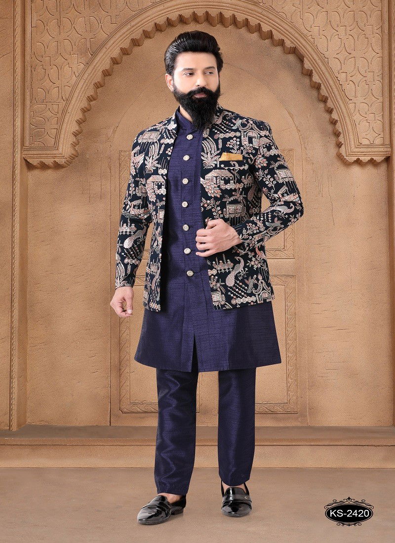 Blue Colour 1632 Occasion Wear Mens Silk Designer Modi Jacket Kurta Pajama Orders In India 1632-KS 2420