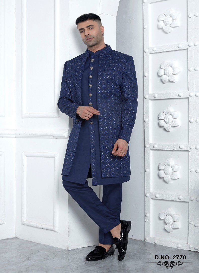 Blue Colour 1641 Party Wear Indo Western Mens Jacket Set Exporters In India 2770