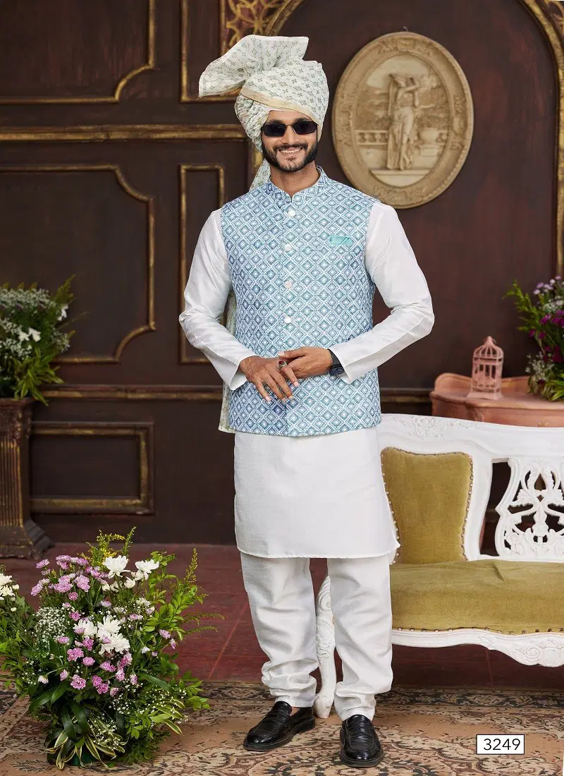 Blue Colour 1643 Party Wear Art Banarasi Silk Mens Modi Jacket Kurta Pajama Wholesale Online 3250