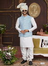 Blue Colour 1643 Party Wear Art Banarasi Silk Mens Modi Jacket Kurta Pajama Wholesale Online 3250
