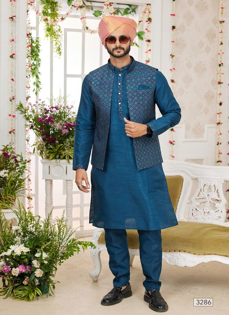 Blue Colour 1645 Wedding Wear Art Silk Mens Modi Jacket Kurta Pajama Exporters In India 3286