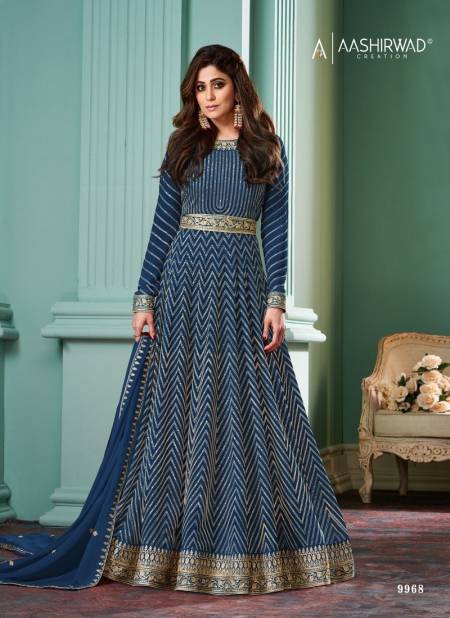 Blue Colour Alizza Pro By Aashirwad Georgette Readymade Gown With Dupatta Wholesale Online 9968
