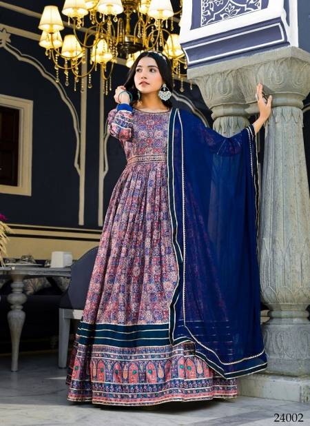 Blue Colour Ananta By Tejasvee Soft Dola Silk Designer Printed Gown With Dupatta Catalog 24002