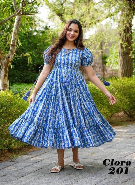 Blue Colour Clora vol 2 By Lucaya Beautiful Printed Flair Rayon Ladies One Piece Western Dress Manufacturers Clora 201